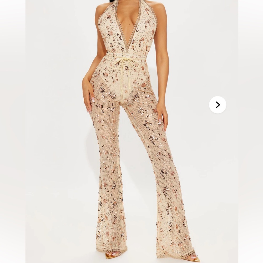 Fashion Nova - Beige/Gold Sequin Jumpsuit - XS